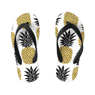 Gold Pineapples: Hand-Drawn White Seamless. Kid's Flip Flops