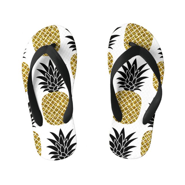 Gold Pineapples: Hand-Drawn White Seamless. Kid's Flip Flops (Footbed)