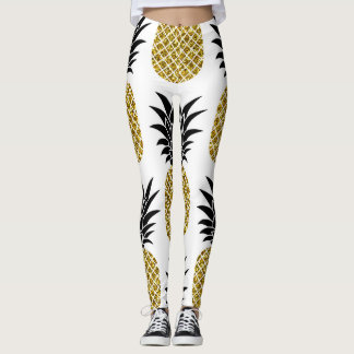 Gold Pineapples: Hand-Drawn White Seamless. Leggings