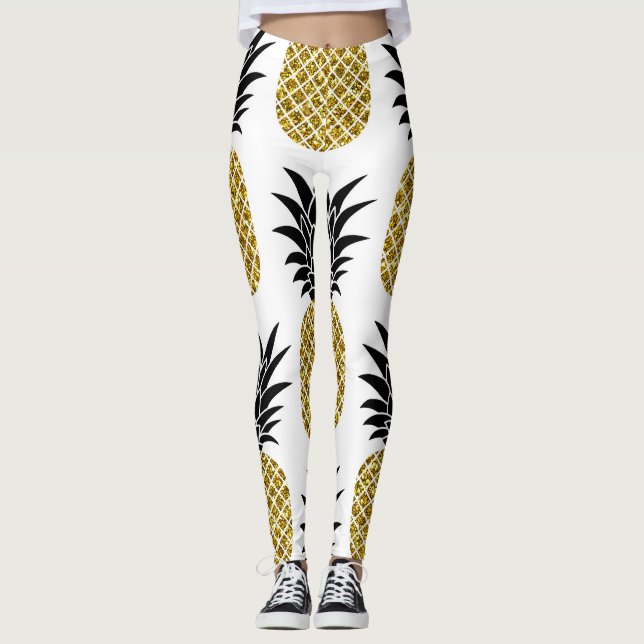 Gold Pineapples: Hand-Drawn White Seamless. Leggings (Front)