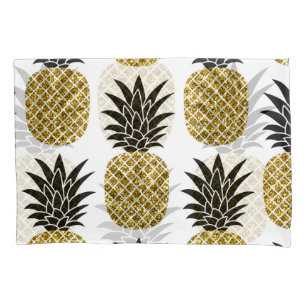 Gold Pineapples: Hand-Drawn White Seamless. Pillowcase