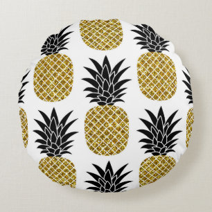 Gold Pineapples: Hand-Drawn White Seamless. Round Cushion