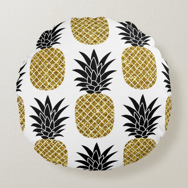 Gold Pineapples: Hand-Drawn White Seamless. Round Cushion (Front)