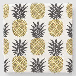 Gold Pineapples: Hand-Drawn White Seamless. Stone Coaster