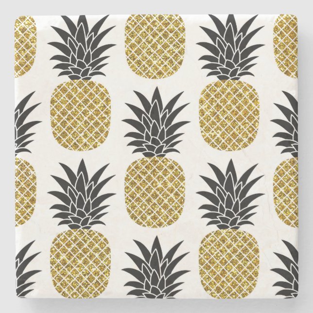 Gold Pineapples: Hand-Drawn White Seamless. Stone Coaster (Front)