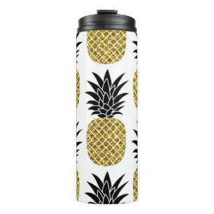 Gold Pineapples: Hand-Drawn White Seamless. Thermal Tumbler