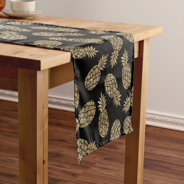 Gold Pineapples on Black Short Table Runner (In Situ)