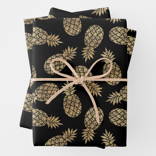 Gold Pineapples on Black Wrapping Paper Sheet (In situ)