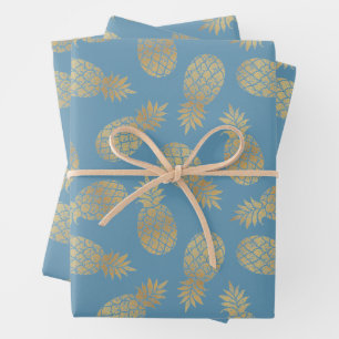 Gold Pineapples on Blue Wrapping Paper Sheet