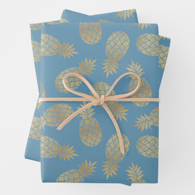 Gold Pineapples on Blue Wrapping Paper Sheet (In situ)