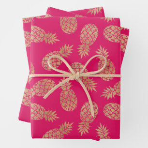 Gold Pineapples on Hot Pink Wrapping Paper Sheet