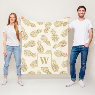 Gold Pineapples on Ivory Monogram Fleece Blanket