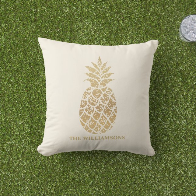 Gold Pineapples on Ivory Personalised Cushion (Grass)
