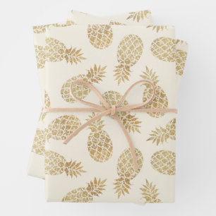Gold Pineapples on Ivory Wrapping Paper Sheet