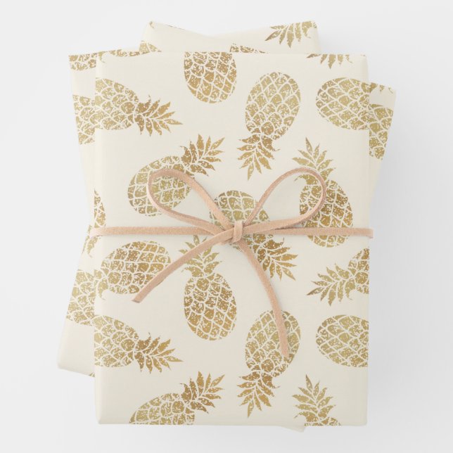 Gold Pineapples on Ivory Wrapping Paper Sheet (In situ)