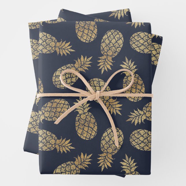 Gold Pineapples on Navy Blue Wrapping Paper Sheet (In situ)
