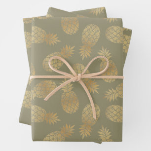 Gold Pineapples on Olive Green Wrapping Paper Sheet