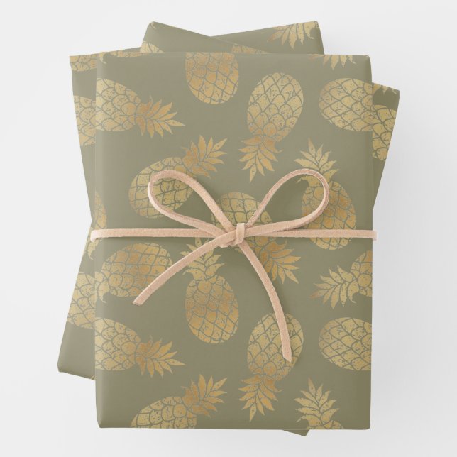 Gold Pineapples on Olive Green Wrapping Paper Sheet (In situ)