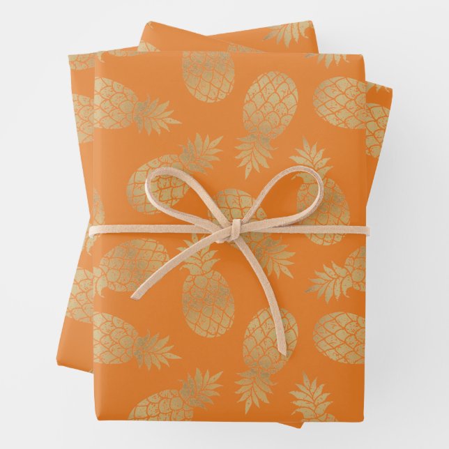 Gold Pineapples on Orange Wrapping Paper Sheets (In situ)