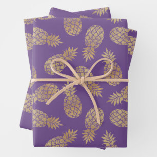 Gold Pineapples on Purple Wrapping Paper Sheet
