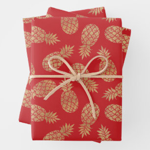 Gold Pineapples on Red Wrapping Paper Sheets