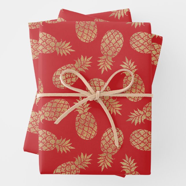 Gold Pineapples on Red Wrapping Paper Sheets (In situ)