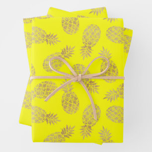 Gold Pineapples on Yellow Wrapping Paper Sheet