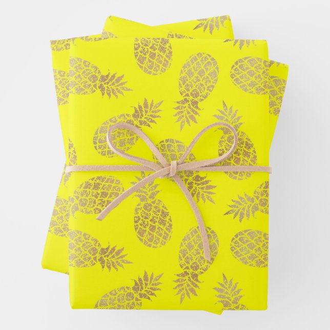 Gold Pineapples on Yellow Wrapping Paper Sheet (In situ)