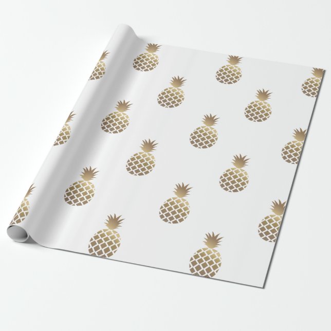 Gold Pineapples Pattern Wrapping Paper White (Unrolled)