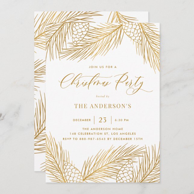 Gold Pinecones and Pine Needles Holiday Party Invitation (Front/Back)