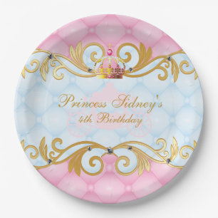 Gold, Pink and Baby Blue Princess Party Paper Plate