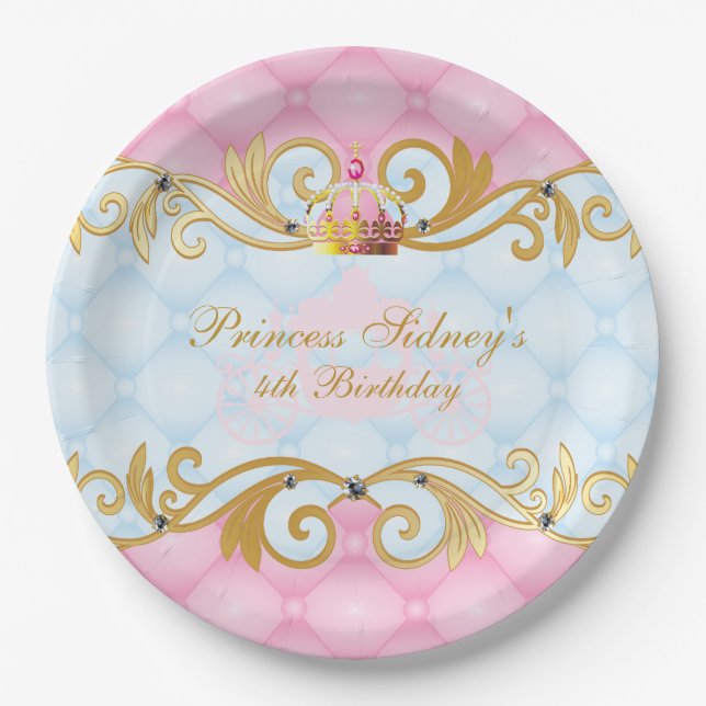 Gold, Pink and Baby Blue Princess Party Paper Plate (Front)