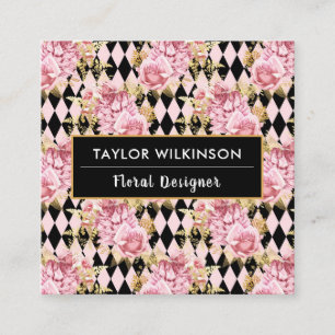 Gold, Pink and Black Floral Roses with Diamonds Sq Square Business Card