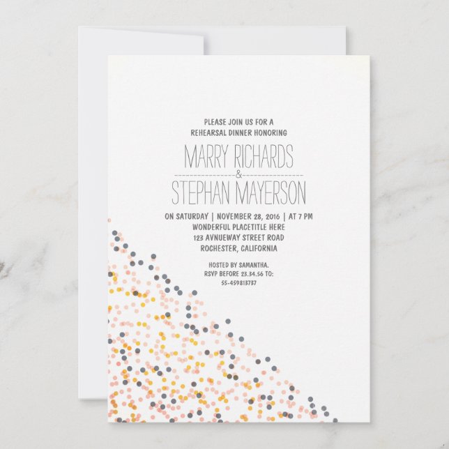 gold pink and navy confetti rehearsal dinner invitation (Front)