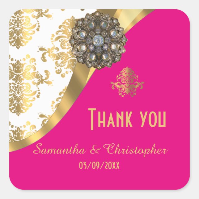 Gold, pink and white damask pattern thank you square sticker (Front)