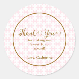 Gold Pink And White Puzzle Chequered Sweet 16 Classic Round Sticker