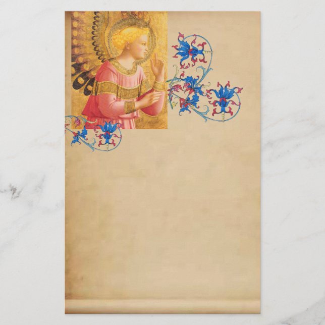 GOLD PINK ANGEL Antique Floral Parchment Stationery (Front)