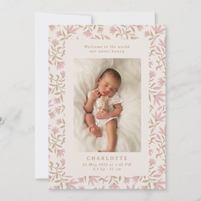 gold pink  | baby birth announcement card (Front)