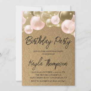 Gold Pink Balloon Birthday Party Invitation