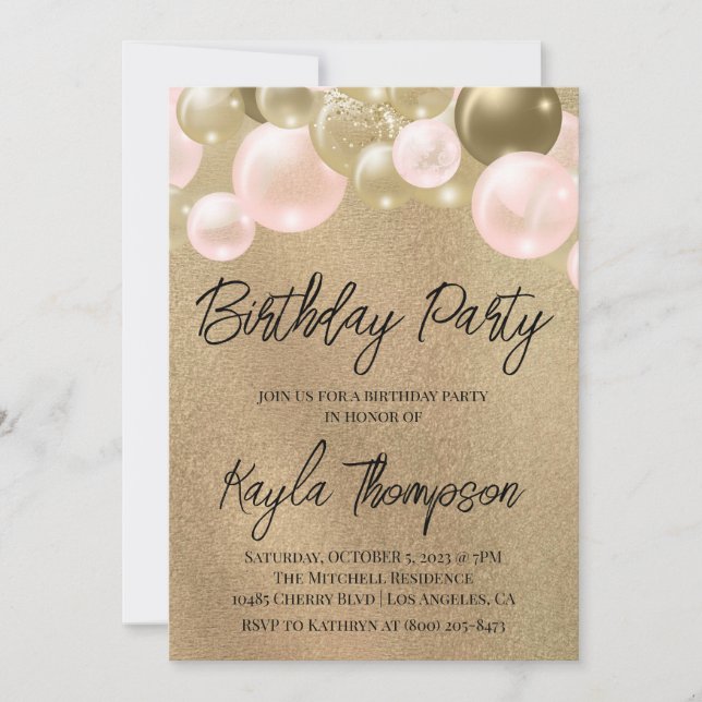 Gold Pink Balloon Birthday Party Invitation (Front)