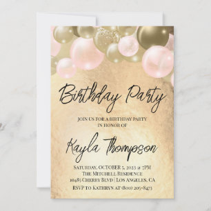 Gold Pink Balloon Birthday Party Invitation