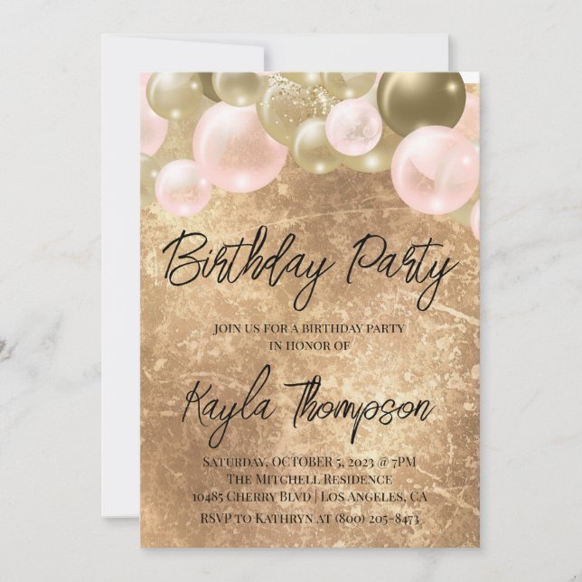 Gold Pink Balloon Birthday Party Invitation (Front)