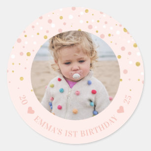 Gold & Pink Balloons 1st Birthday Party Photo Cl Classic Round Sticker