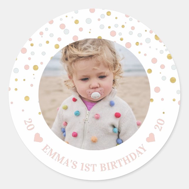 Gold & Pink Balloons | 1st Birthday Party Photo Classic Round Sticker (Front)