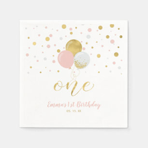 Gold & Pink   Balloons, Confetti Girl 1st Birthday Napkin