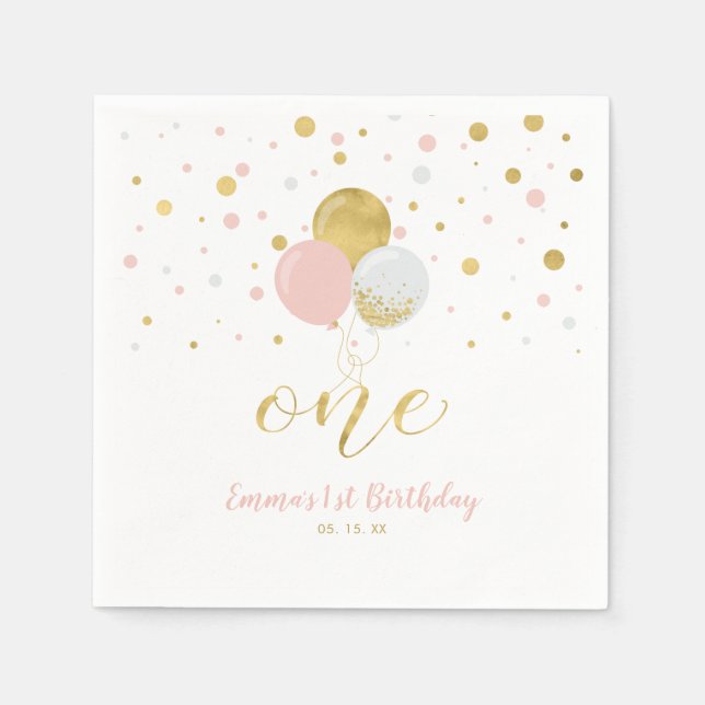 Gold & Pink | Balloons, Confetti Girl 1st Birthday Napkin (Front)