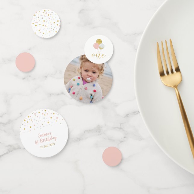 Gold & Pink | Balloons Girl 1st Birthday Party Confetti (Group)