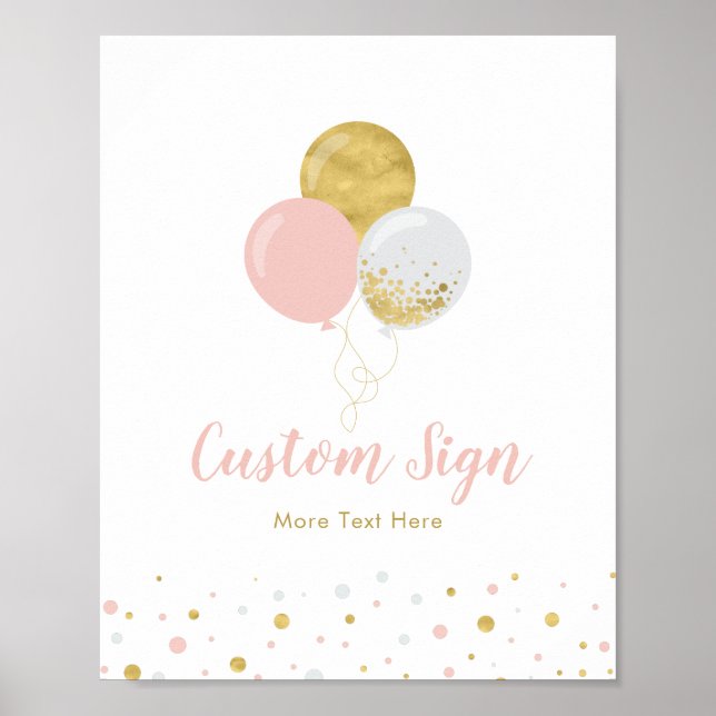 Gold & Pink Balloons | Girl Birthday Party Custom Poster (Front)