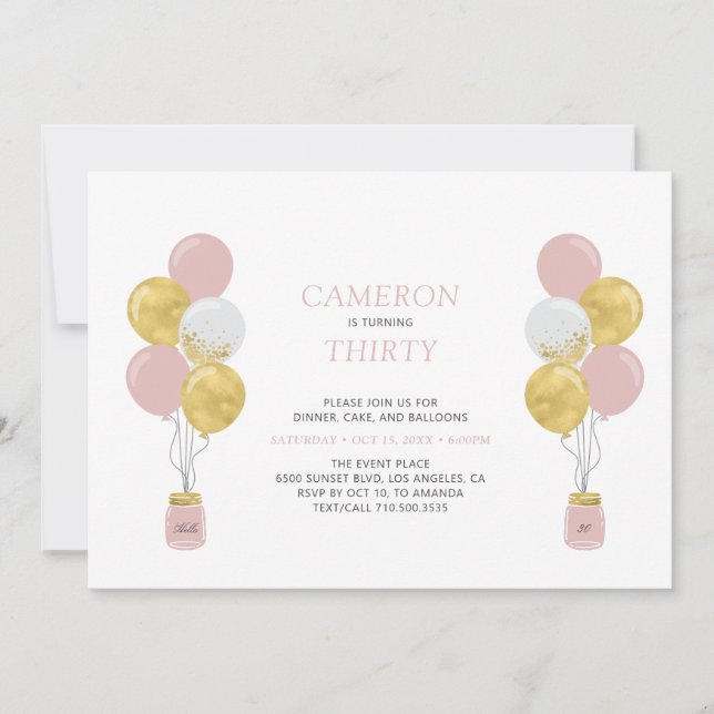 Gold & Pink Balloons Modern Adult Birthday Party Invitation (Front)