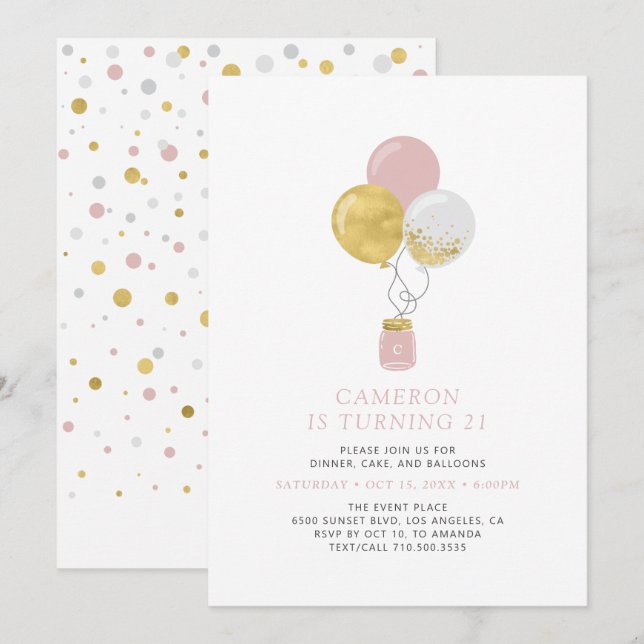 Gold & Pink Balloons Modern Adult Birthday Party Invitation (Front/Back)